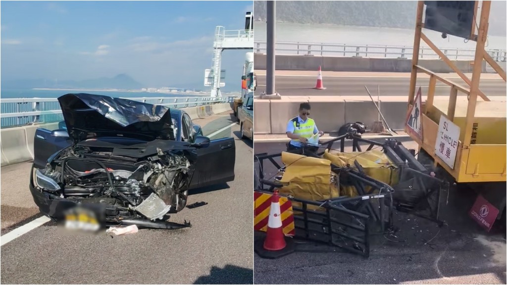 港珠澳大橋Tesla撼箭嘴車 女司機嘴角流血送院 港珠澳大橋Tesla撼箭嘴車 女司機嘴角流血送院