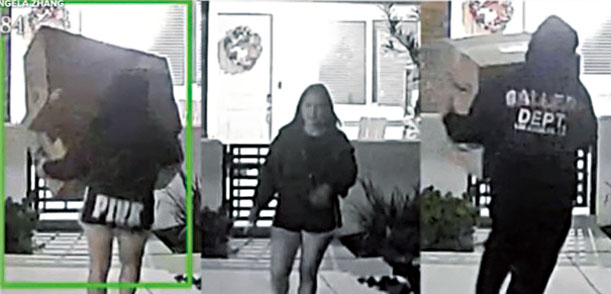 監視器捕捉到門廊竊賊的影像。Angela Zhang