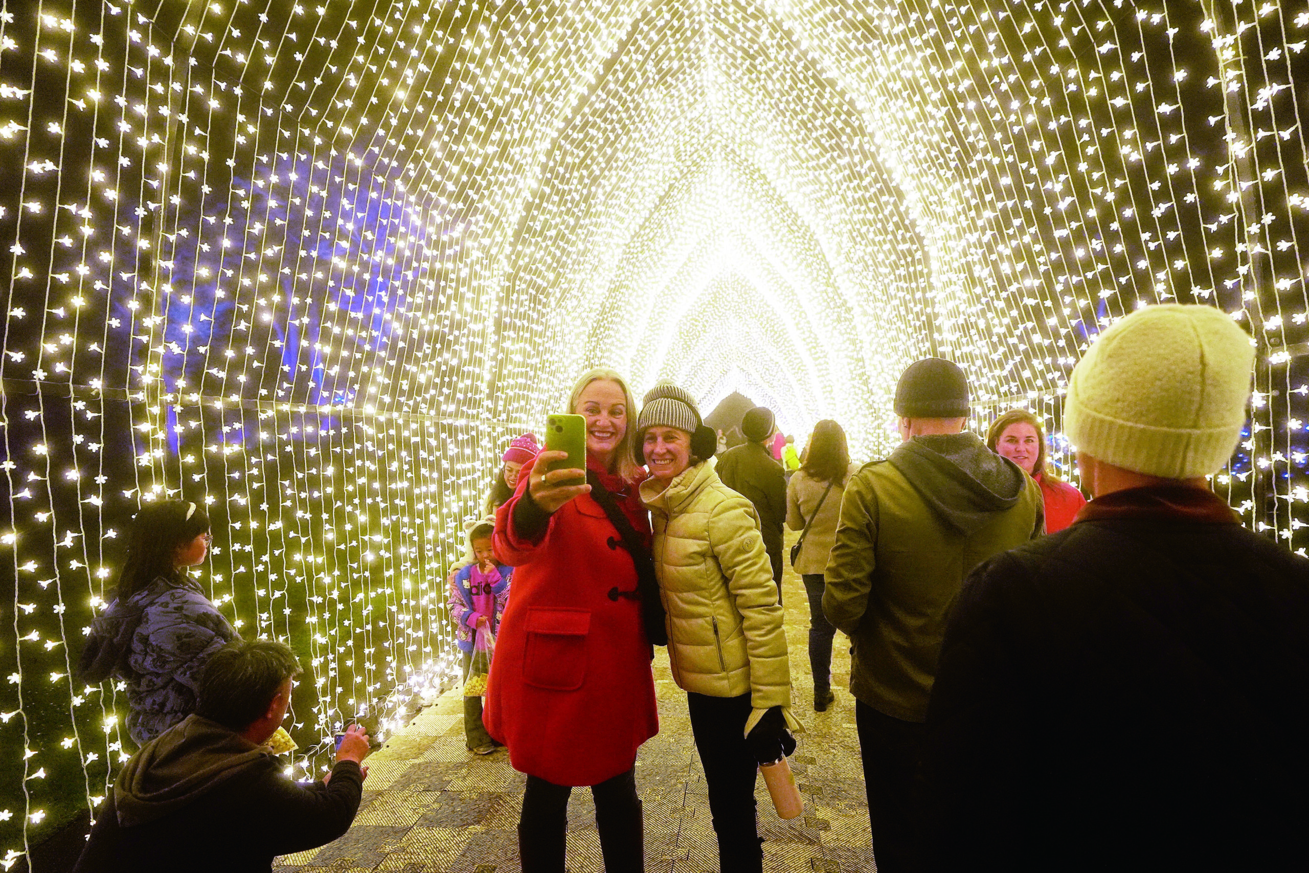 遊人在金門公園內的三藩市植物園參觀Lightscape燈光展拍照留念。美聯社