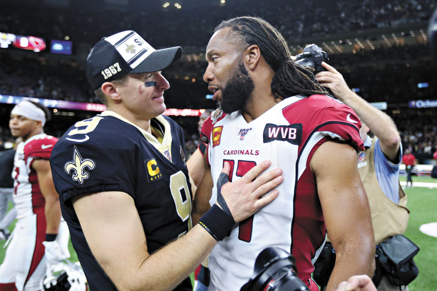 曾經是賽場對手的德魯.布里斯(左)和拉里.菲茨傑拉德(右),如今有望一同入選名人堂。路透社資料圖片