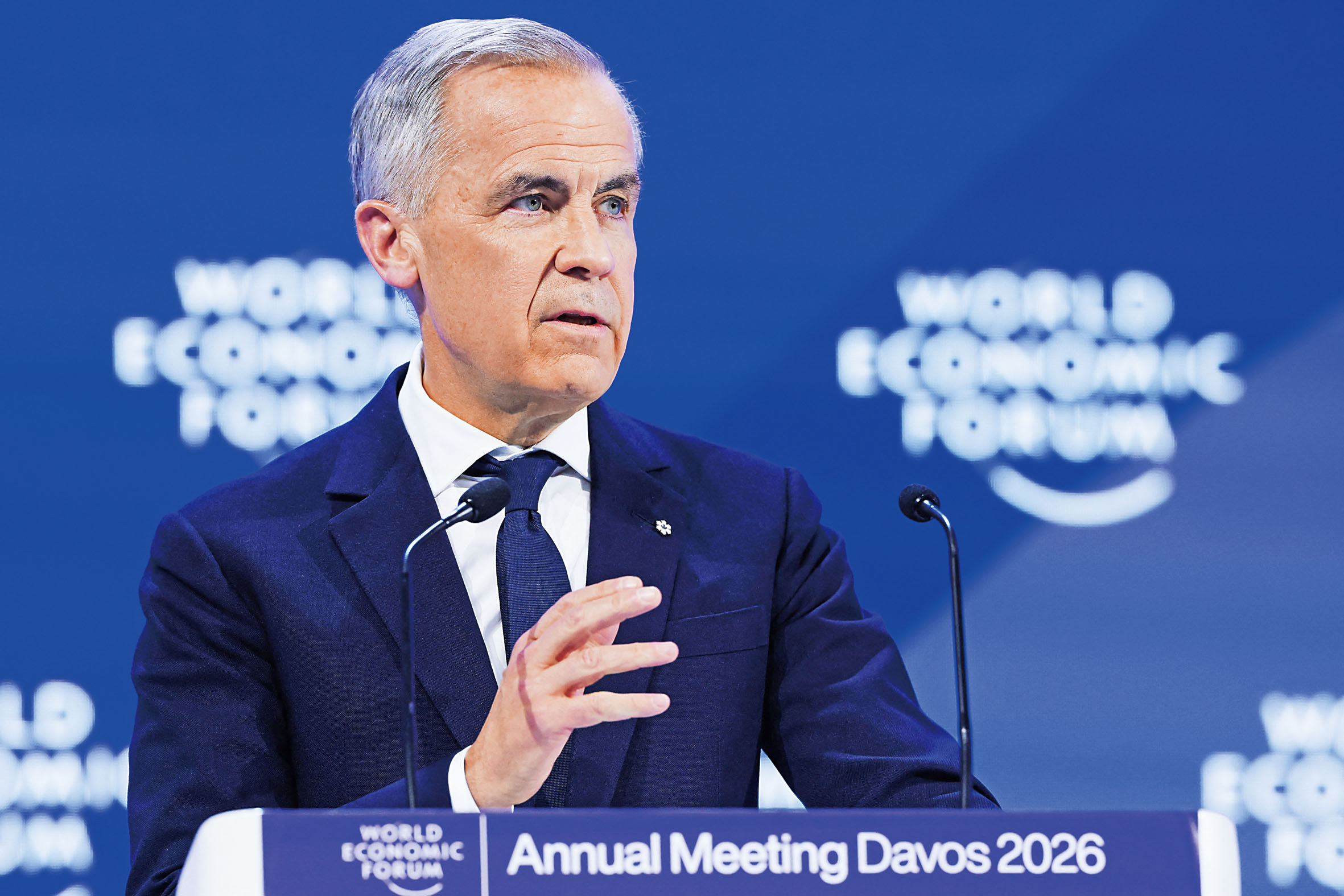 加拿大總理卡尼20日在瑞士達沃斯世界經濟論壇上發表演說。路透社