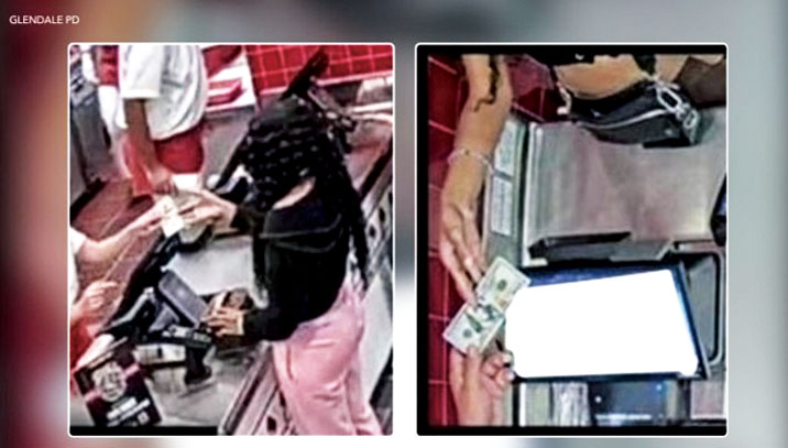 監視器畫面顯示，嫌犯在南加州「In-N-Out」使用假鈔。格倫代爾警察局
