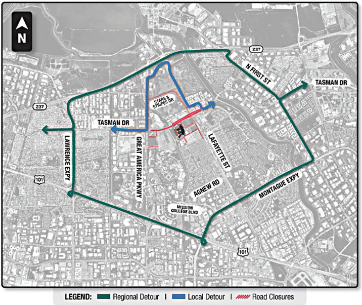 從1月28日起利維球場周圍實施車輛限制的地圖。Bay Area Host Committee