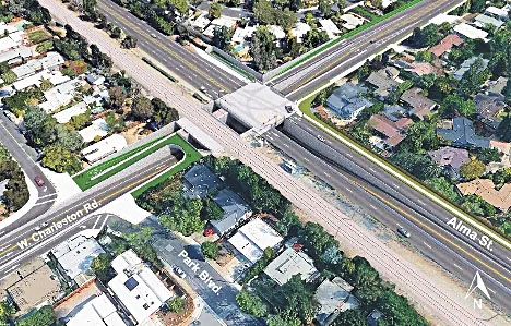 Charleston道口立交設計首選方案示意圖：直接入口坡道的地下通道。波羅阿多市府