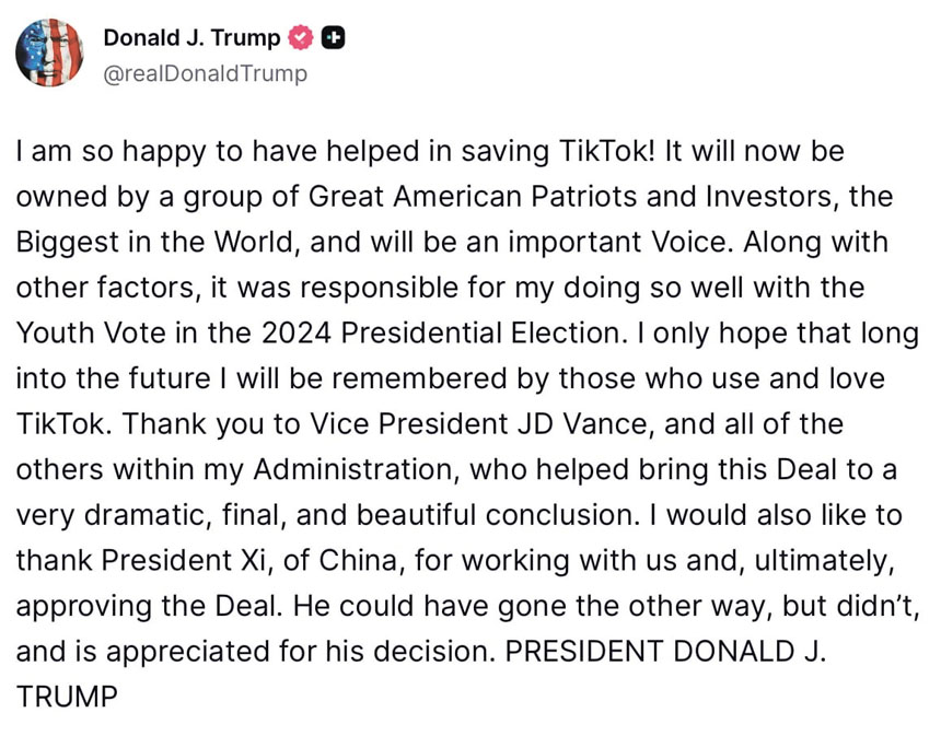 特朗普在社交平台Truth Social發文提及促成TikTok得以在美國營運。