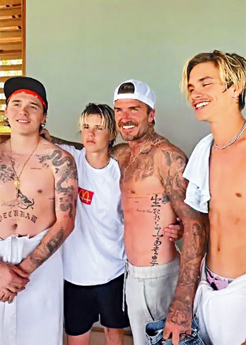 碧咸日前才公開為Brooklyn（左一）而紋的「Buster」紋身。網上圖片