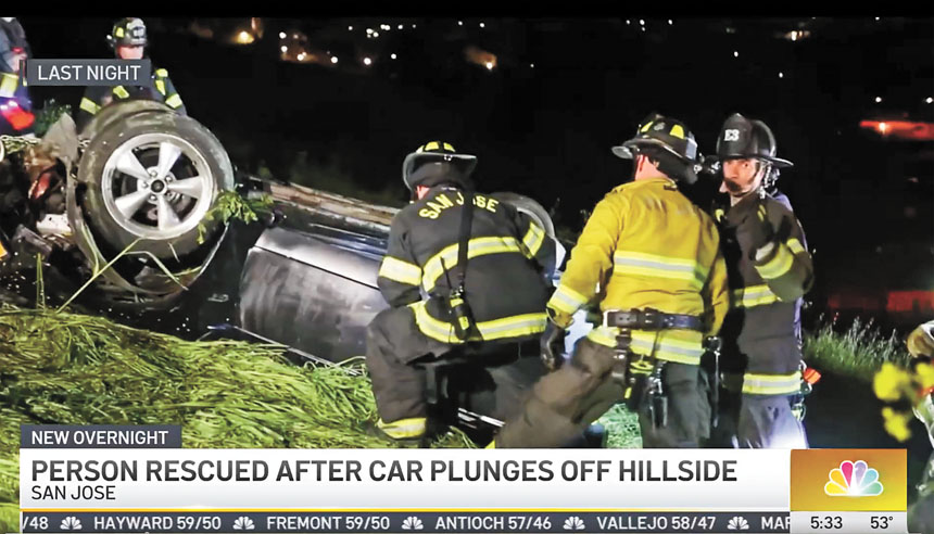 聖荷西社區「通訊山」一輛汽車不明原因衝下山坡。NBC電視畫面
